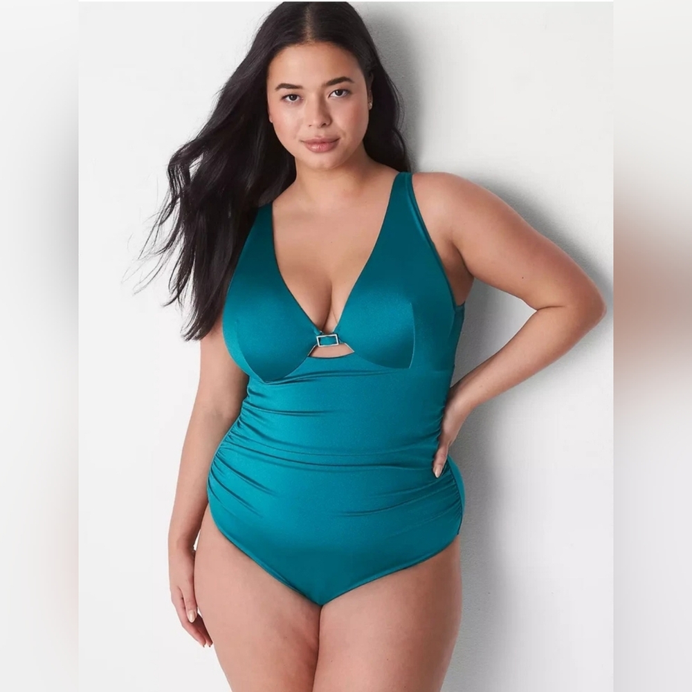 Lane Bryant Cacique 40DD Teal One Piece Swimsuit Vneck Cutout Tummy Control